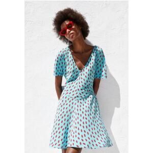 ZARA Blue Fit & Flare Skater Dress Lip Print Kiss V-Neck Pullover Size Small S